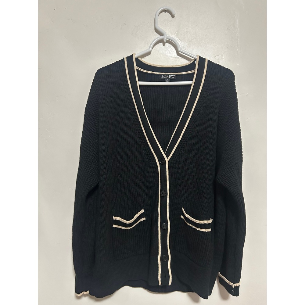 J.Crew Womens Black Shaker Stitch Cotton Cardigan Sweater BO519 XL